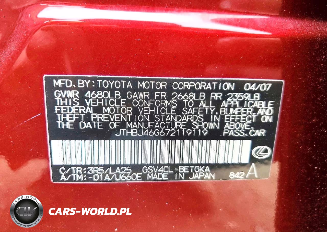 2007 Lexus Es 350 VIN:JTHBJ46G672119119 - 12
