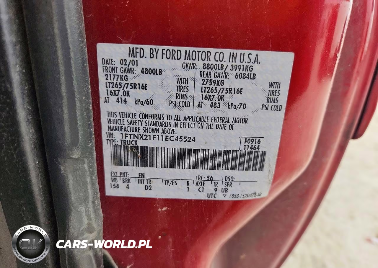 2001 Ford F250 Super Duty VIN:1FTNX21F11EC45524 - 12
