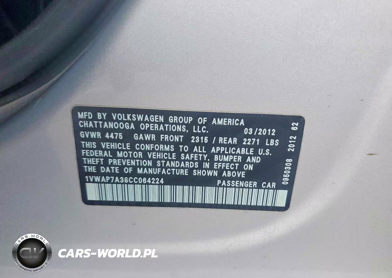 2012 Volkswagen Passat S VIN:1VWAP7A38CC064224 - 12