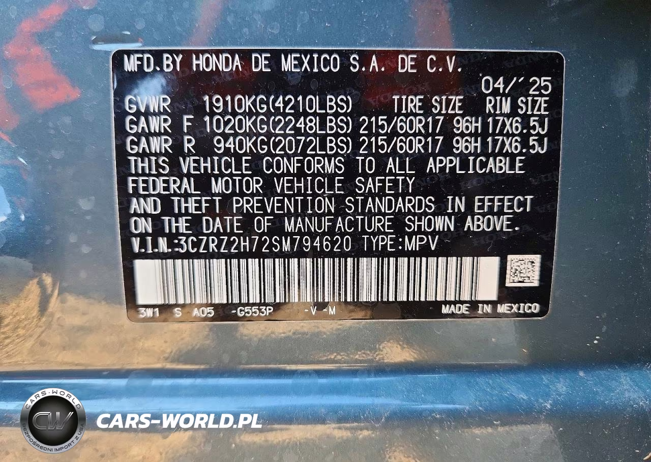 2025 Honda Hr-V Exl VIN:3CZRZ2H72SM794620 - 12