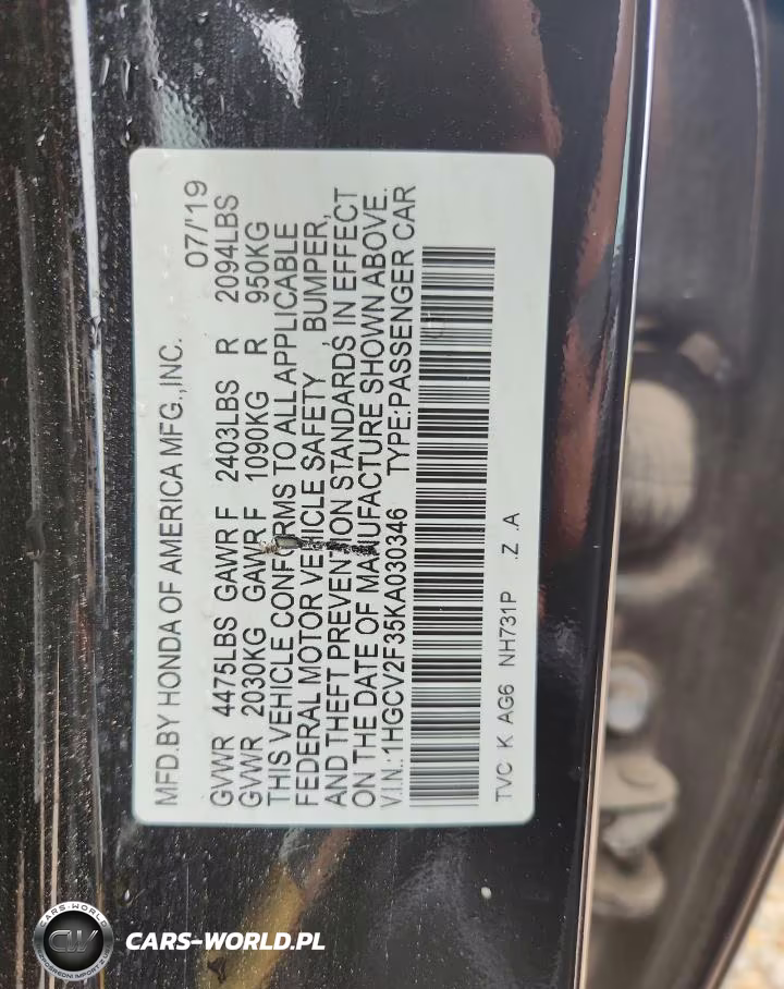 2019 Hond Accord VIN:1HGCV2F35KA030346 - 12