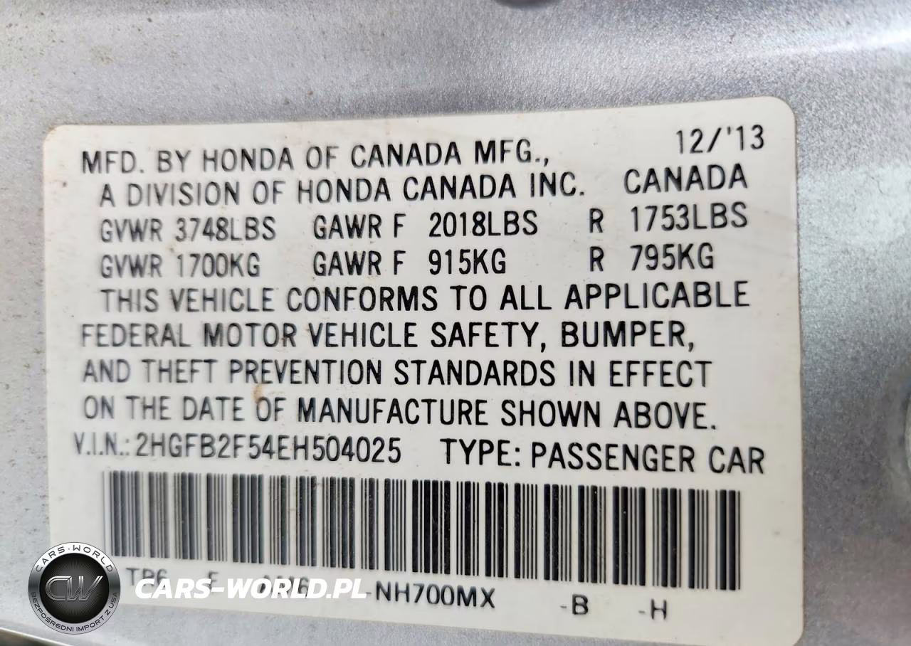 2014 Honda Civic Lx VIN:2HGFB2F54EH504025 - 12