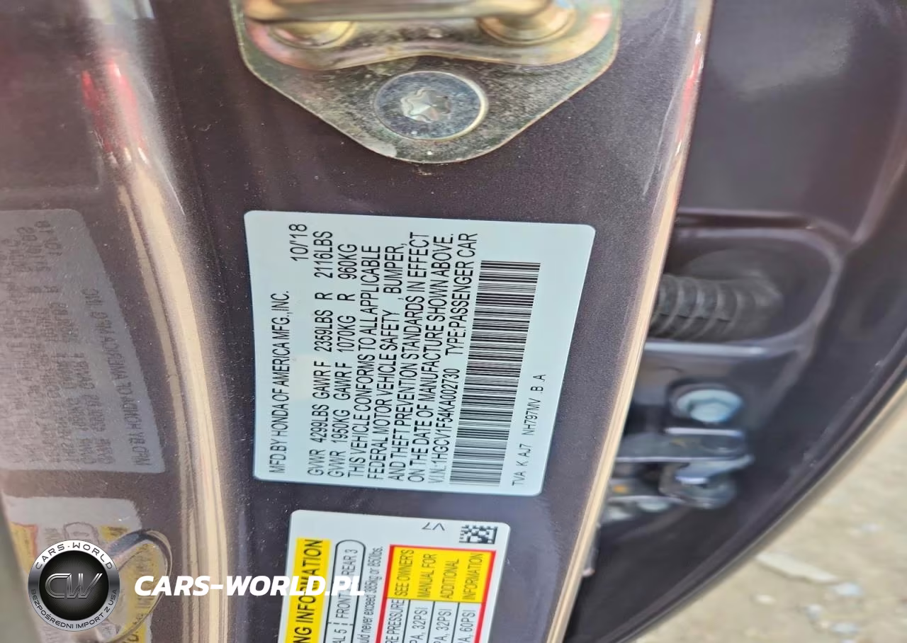 2019 Honda Accord Exl VIN:1HGCV1F54KA002730 - 12