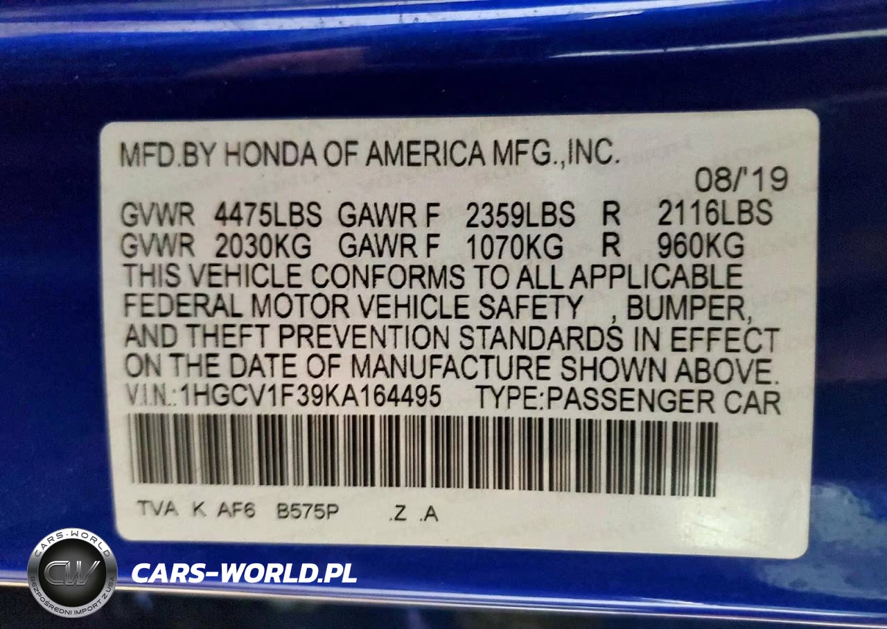 2019 Honda Accord Sport VIN:1HGCV1F39KA164495 - 12