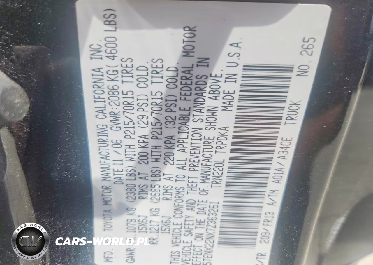 2007 Toyota Tacoma Base VIN:5TENX22NX7Z363261 - 12