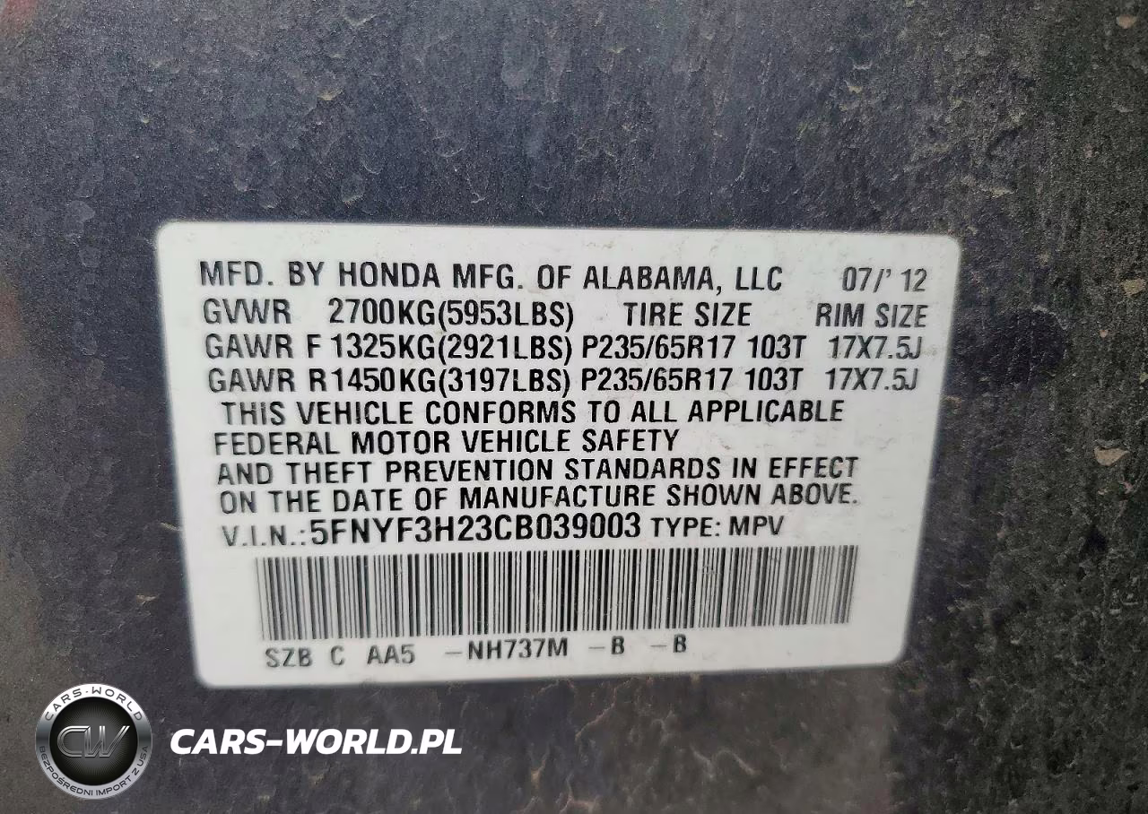 2012 Honda Pilot Lx VIN:5FNYF3H23CB039003 - 13