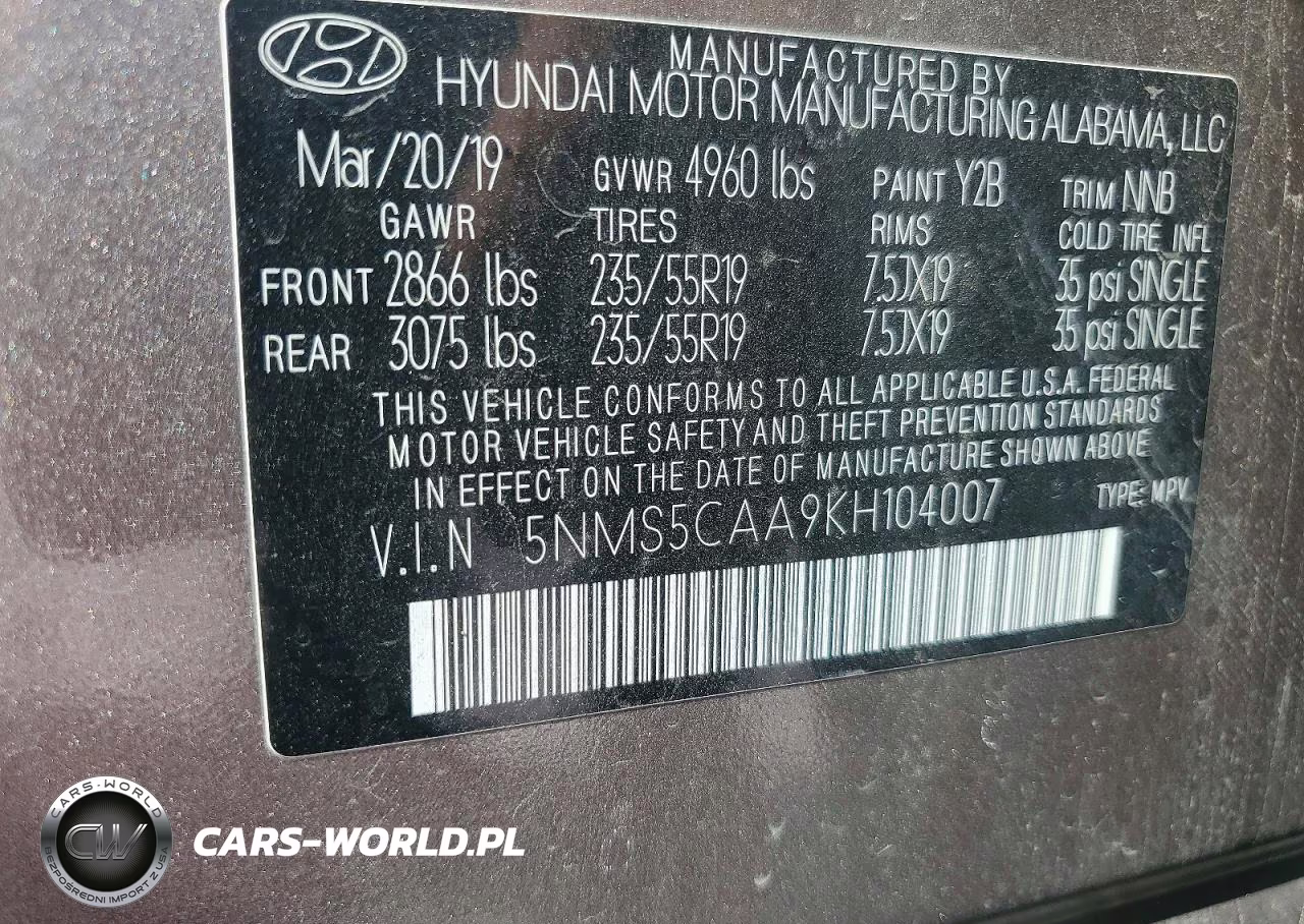 2019 Hyundai Santa Fe Limited 2.0T VIN:5NMS5CAA9KH104007 - 12