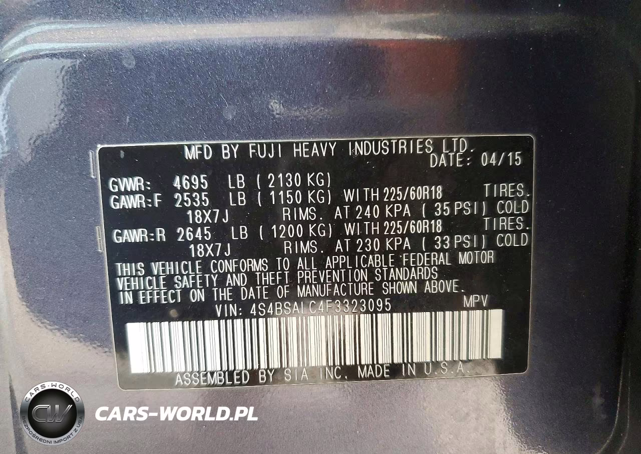 2015 Subaru Outback 2.5I Limited VIN:4S4BSALC4F3323095 - 13