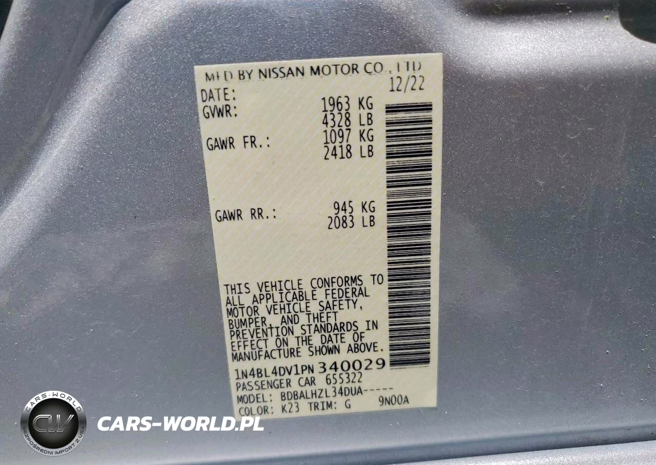 2023 Nissan Altima Sv VIN:1N4BL4DV1PN340029 - 12