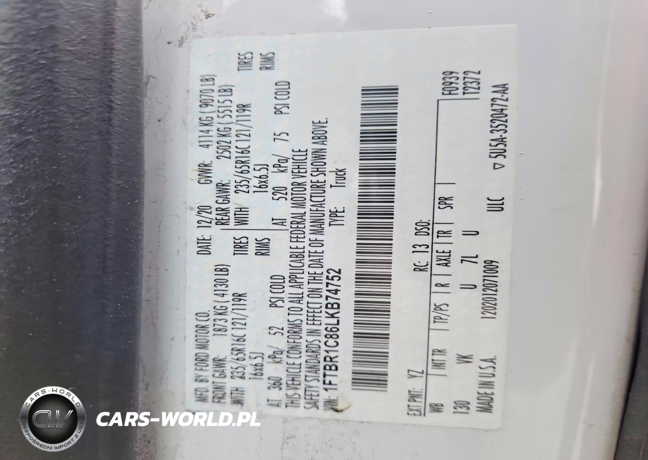 2020 Ford Transit T-250 VIN:1FTBR1C86LKB74752 - 13