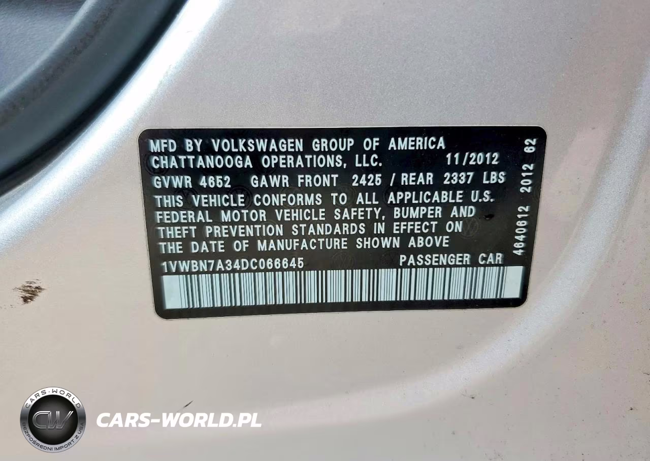 2013 Volkswagen Passat Se VIN:1VWBN7A34DC066645 - 12
