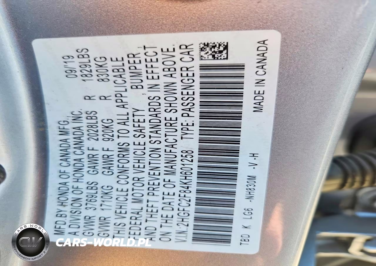 2019 Honda Civic Sport VIN:2HGFC2F84KH601258 - 12