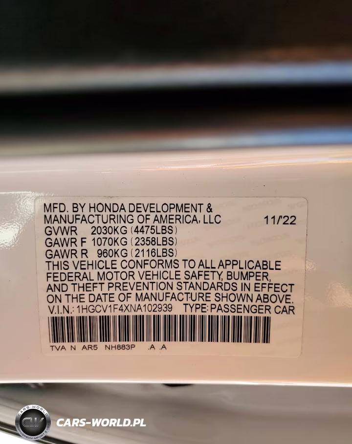 2022 Honda Accord Sport Se VIN:1HGCV1F4XNA102939 - 12