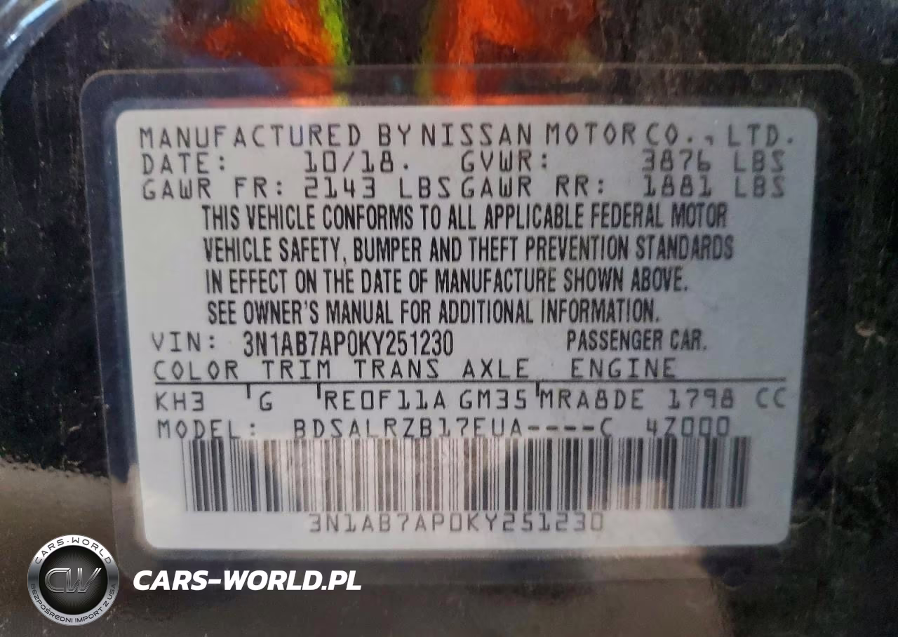 2019 Nissan Sentra Sr VIN:3N1AB7AP0KY251230 - 12