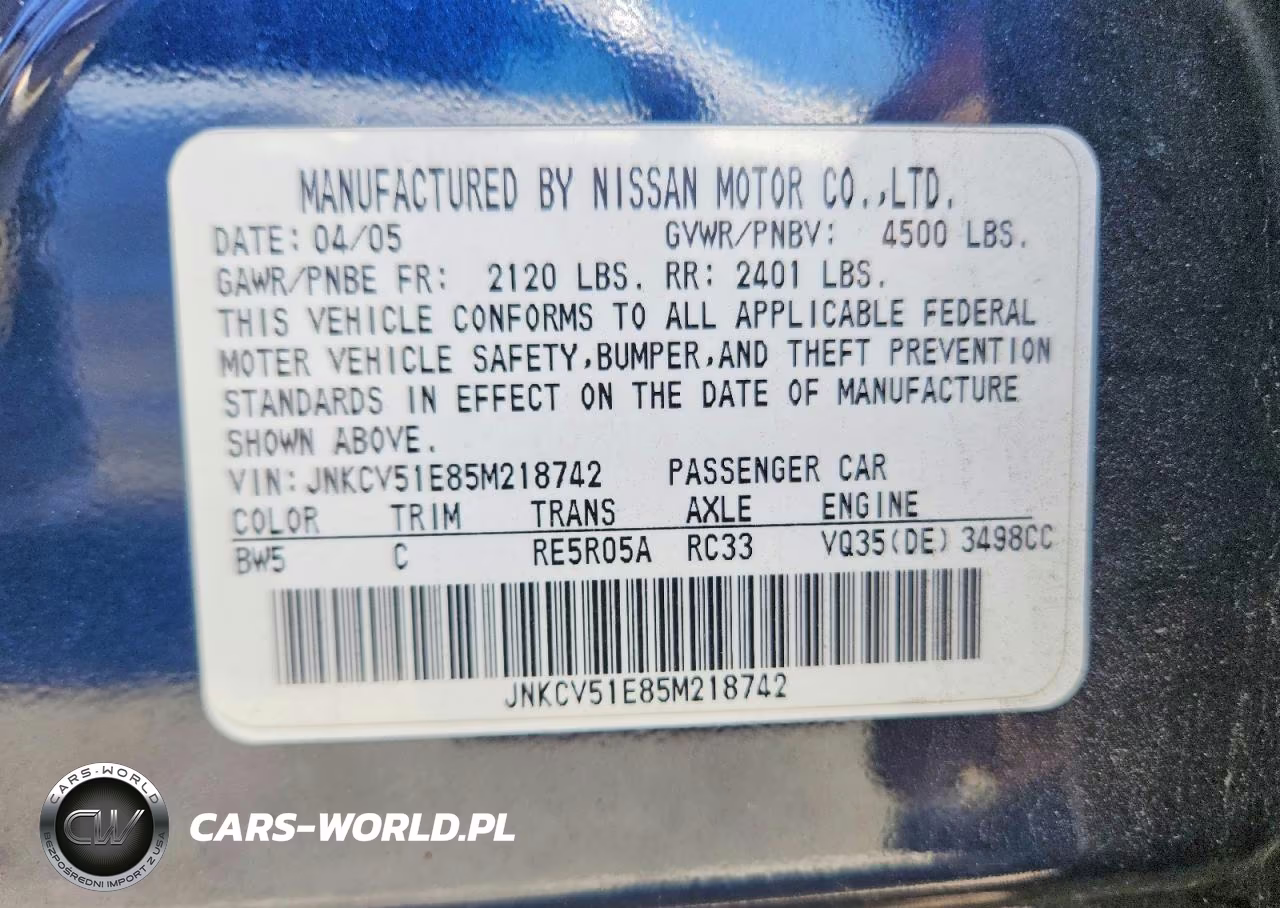 2005 Infiniti G35 Base VIN:JNKCV51E85M218742 - 12