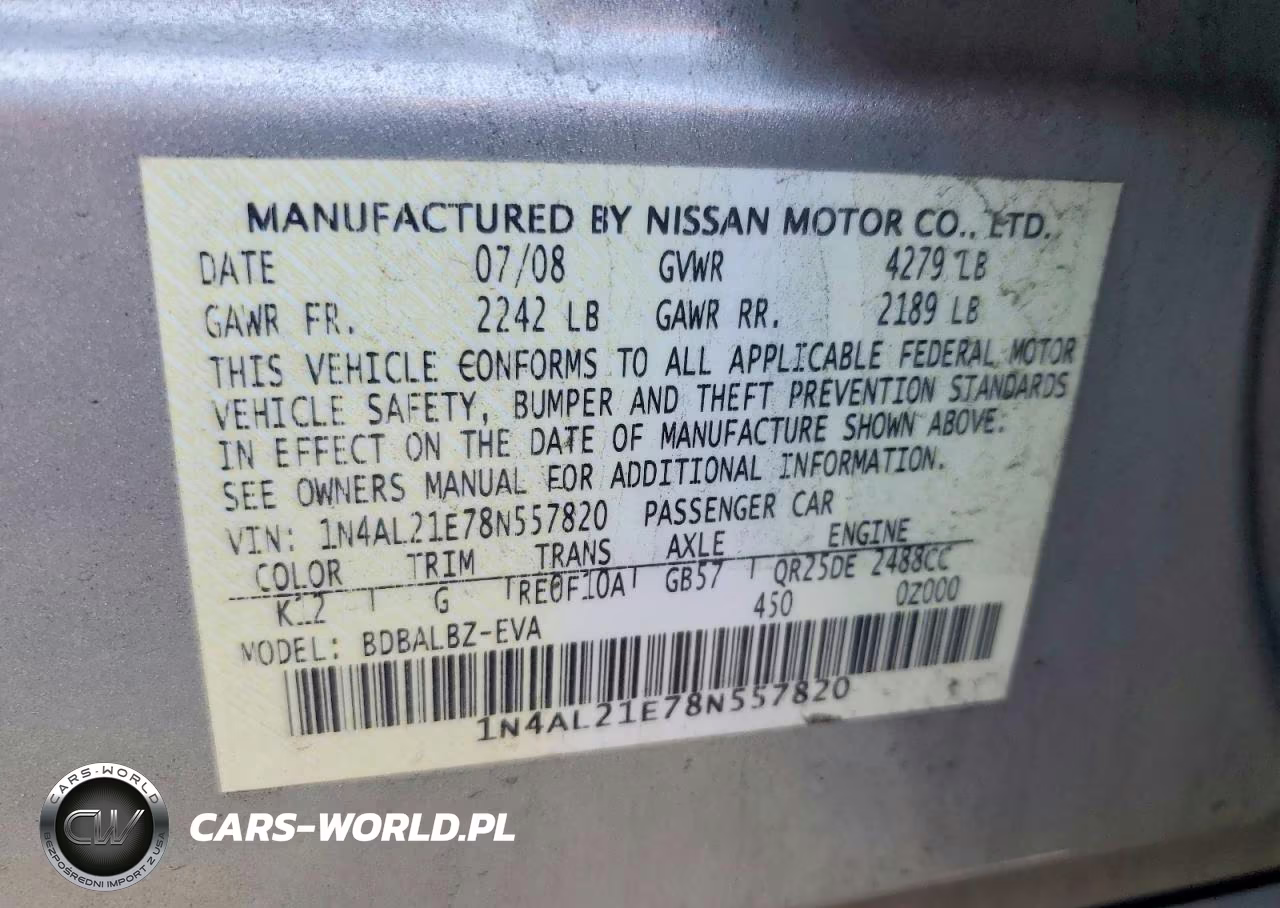 2008 Nissan Altima 2.5 VIN:1N4AL21E78N557820 - 12