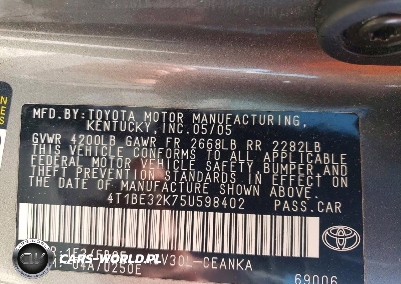 2005 Toyota Camry Standard VIN:4T1BE32K75U598402 - 12