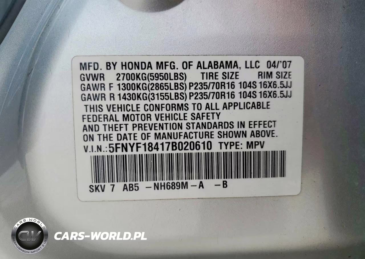 2007 Honda Pilot Ex VIN:5FNYF18417B020610 - 12