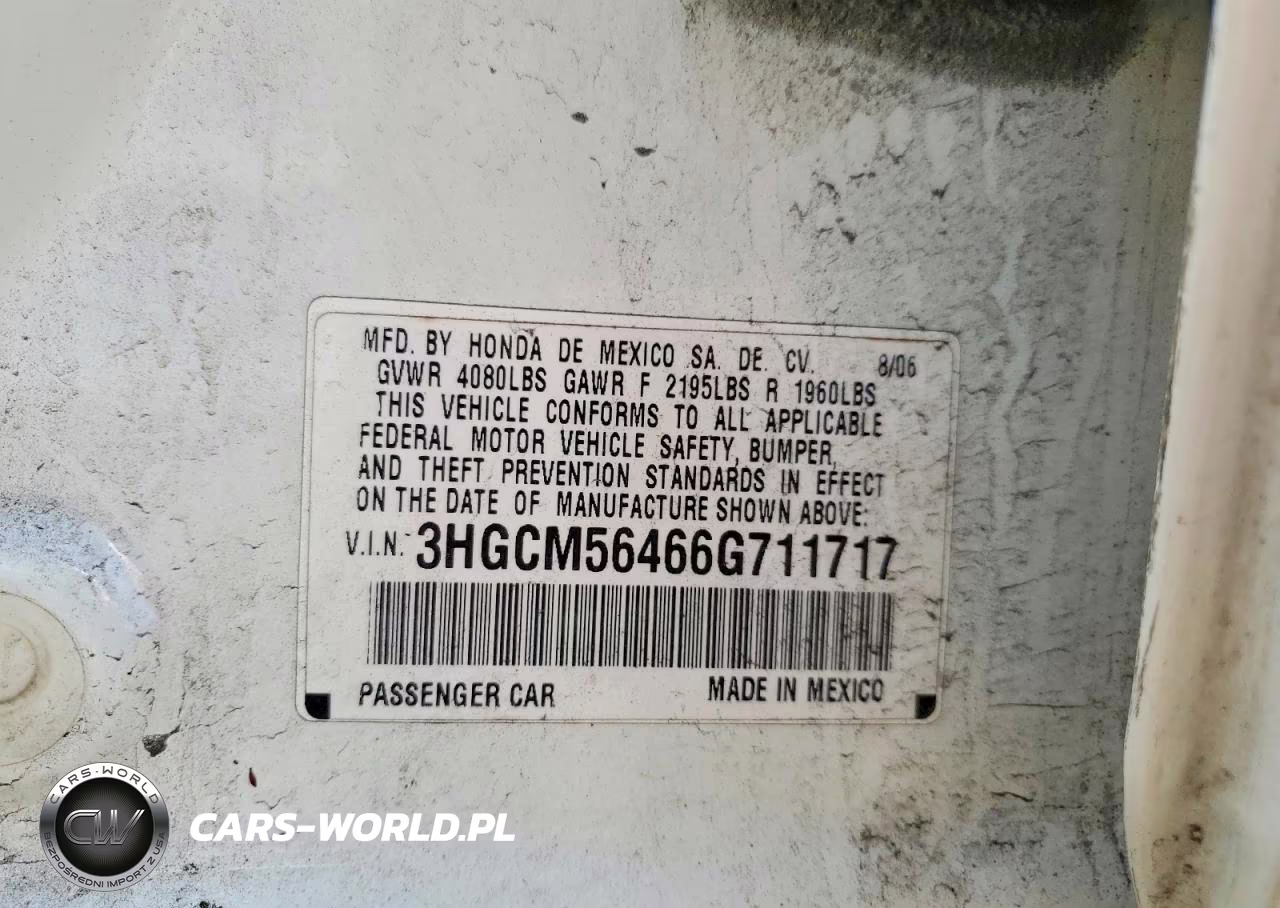 2006 Honda Accord Lx VIN:3HGCM56466G711717 - 12