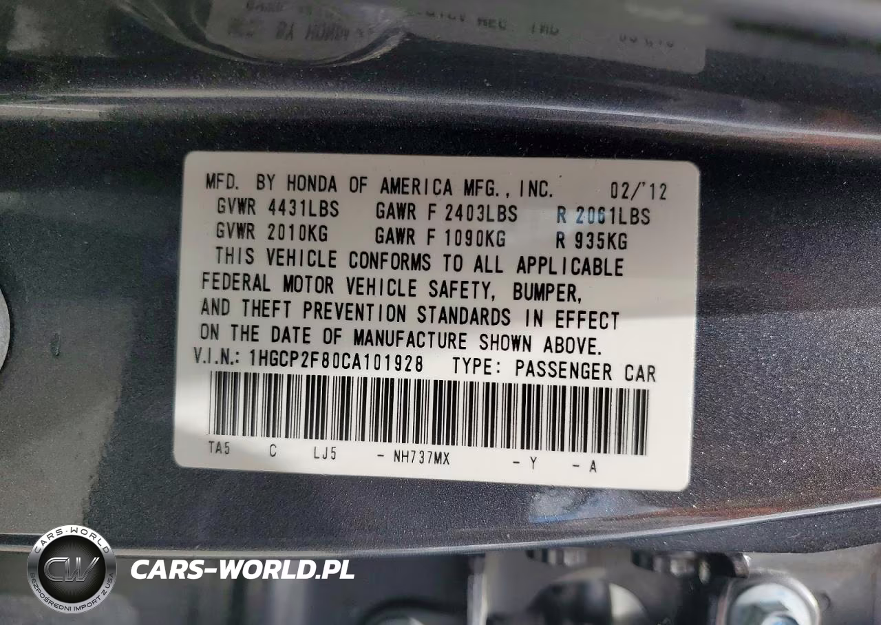 2012 Honda Accord Exl VIN:1HGCP2F80CA101928 - 12