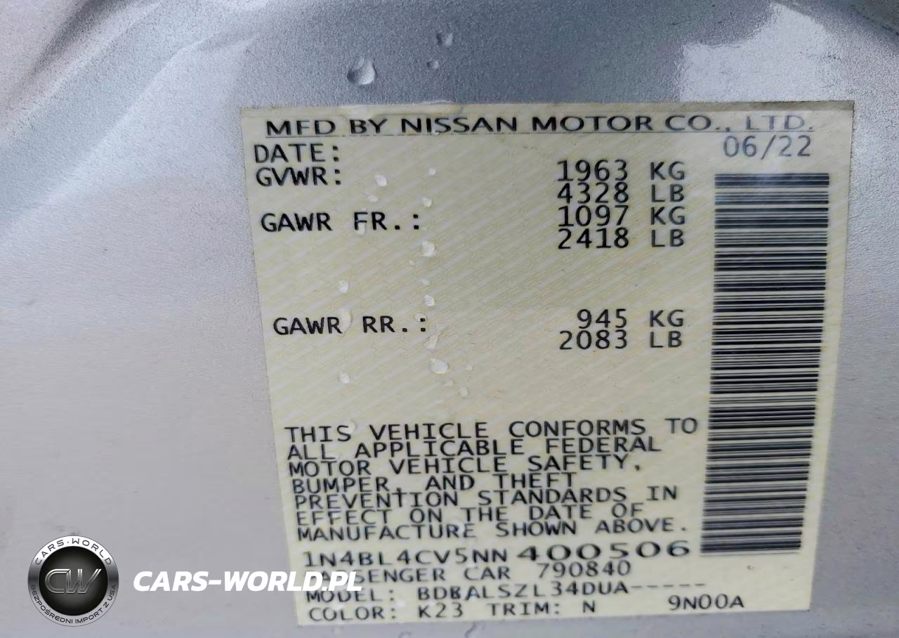 2022 Nissan Altima Sr VIN:1N4BL4CV5NN400506 - 12