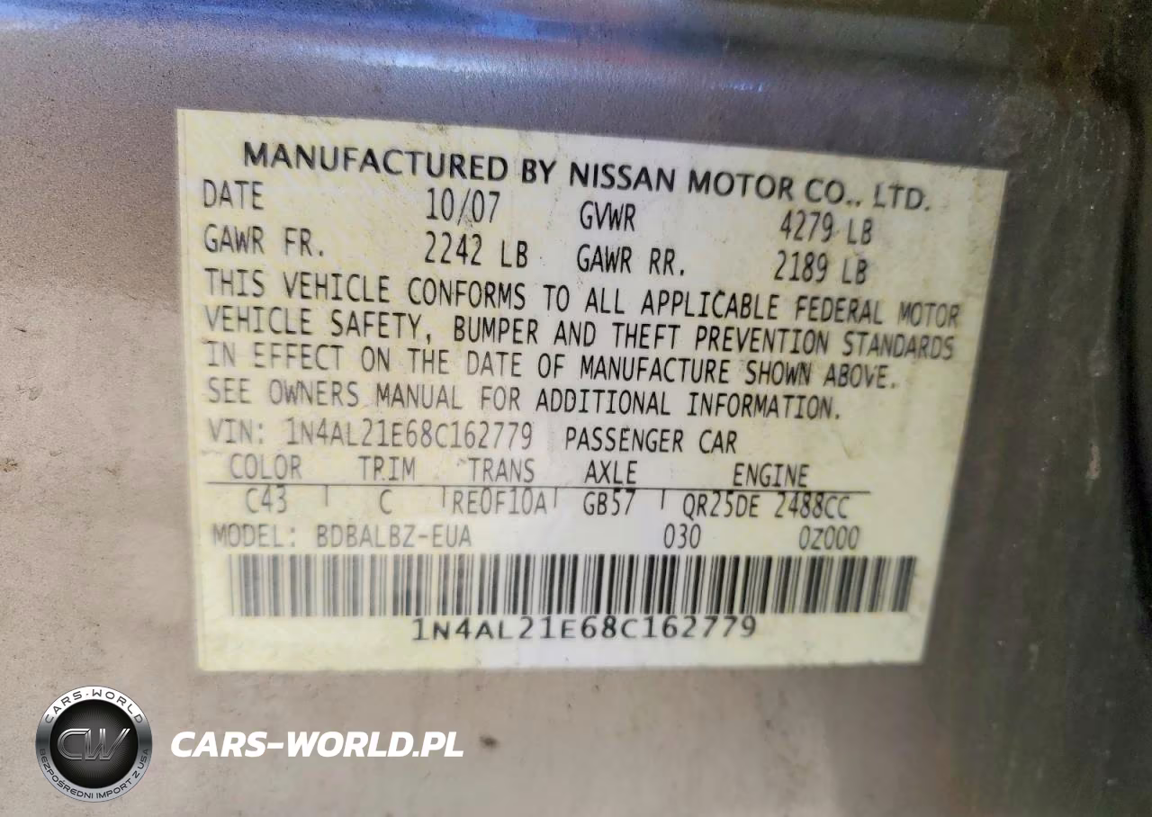 2008 Nissan Altima 2.5 VIN:1N4AL21E68C162779 - 12