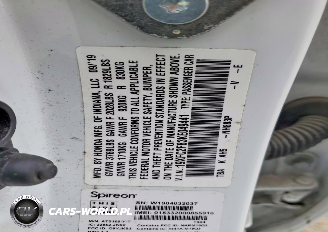 2019 Honda Civic Sport VIN:19XFC2F83KE049441 - 12