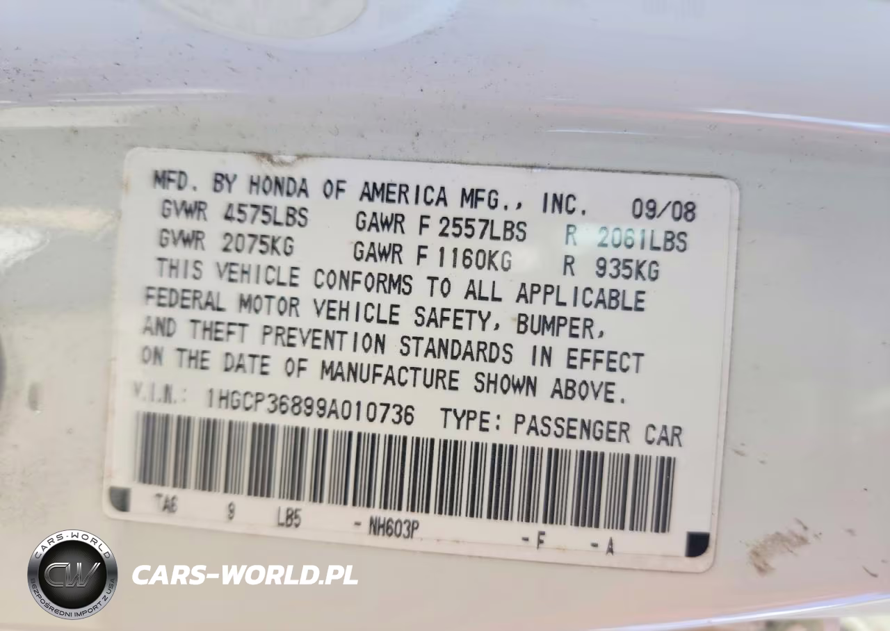 2009 Honda Accord Exl VIN:1HGCP36899A010736 - 12