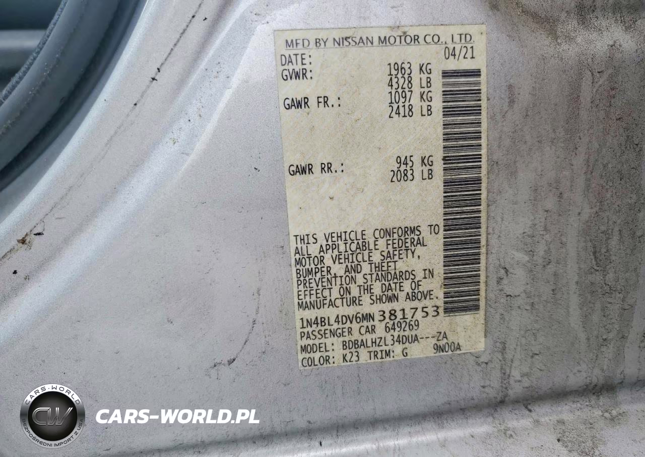 2021 Nissan Altima Sv VIN:1N4BL4DV6MN381753 - 12