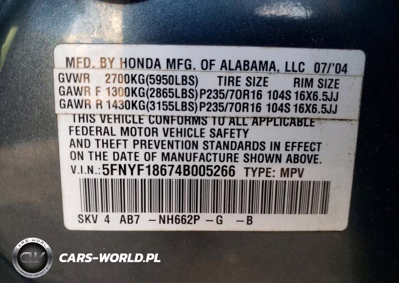 2004 Honda Pilot Exl VIN:5FNYF18674B005266 - 13