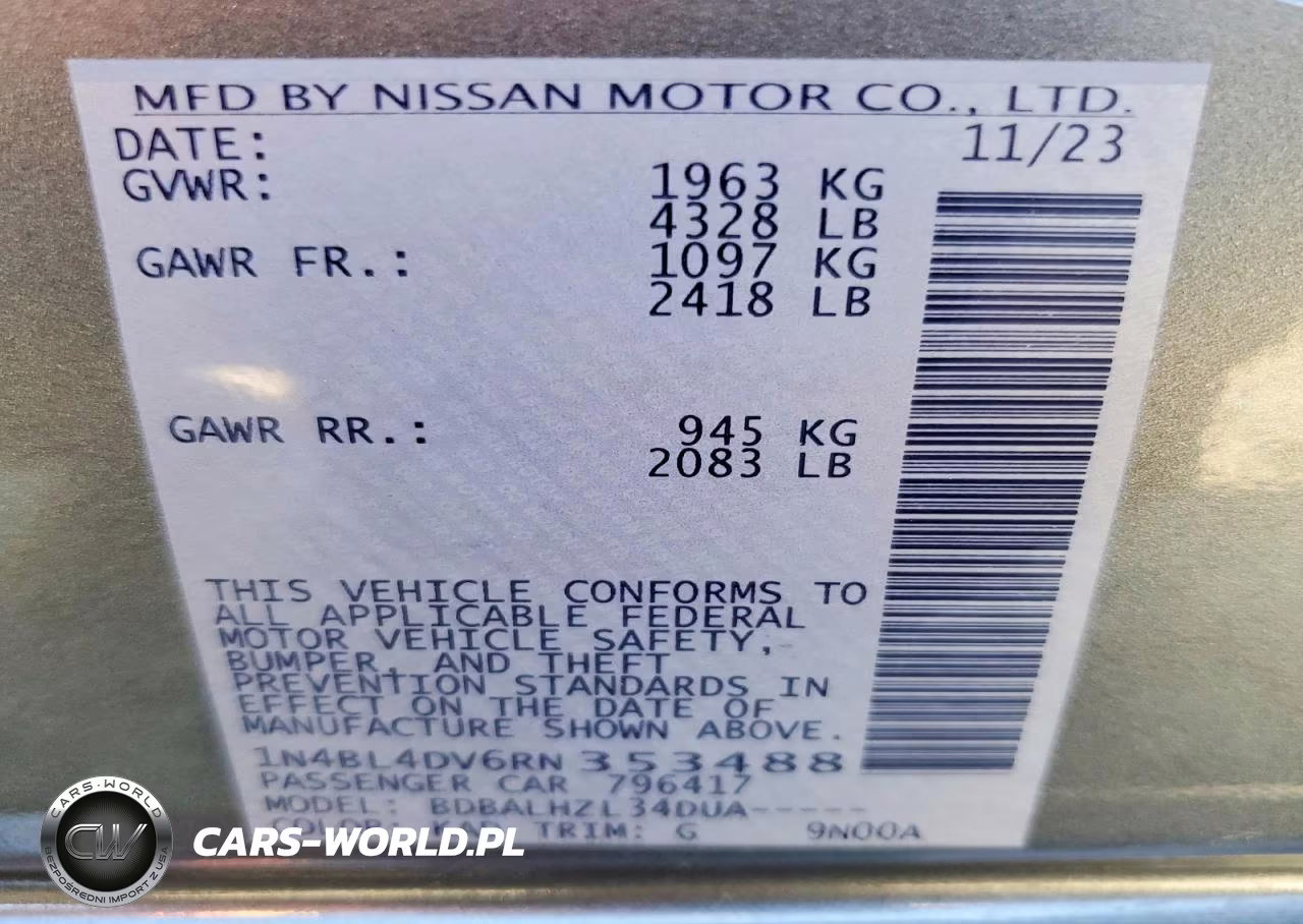 2024 Nissan Altima Sv VIN:1N4BL4DV6RN353488 - 12