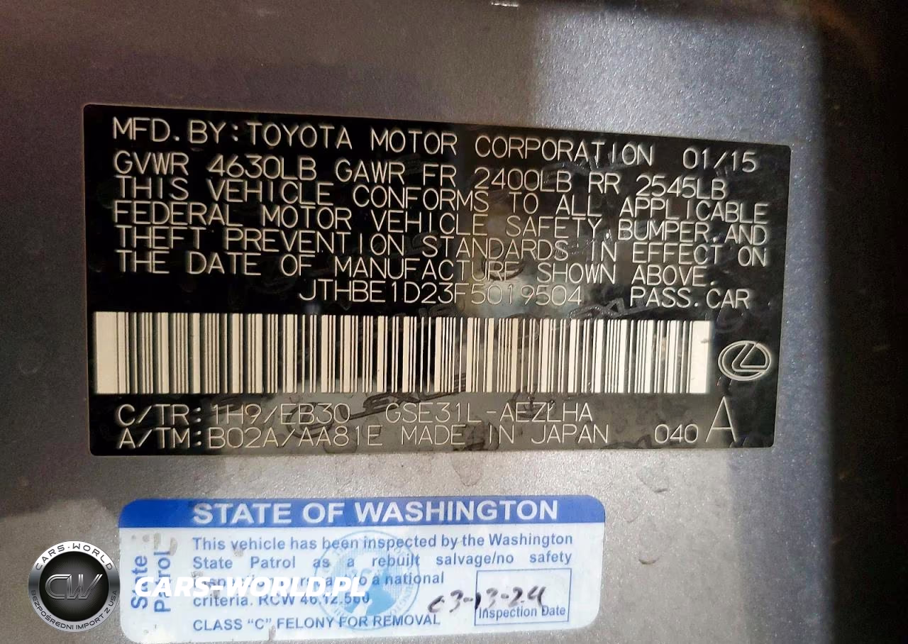 2015 Lexus Is 350 VIN:JTHBE1D23F5019504 - 12