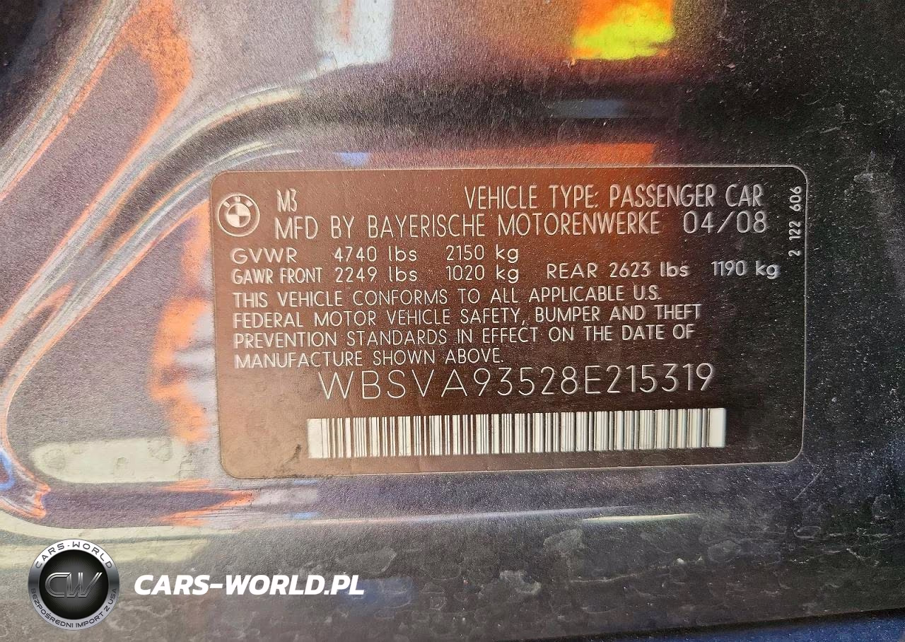 2008 BMW M3 VIN:WBSVA93528E215319 - 12
