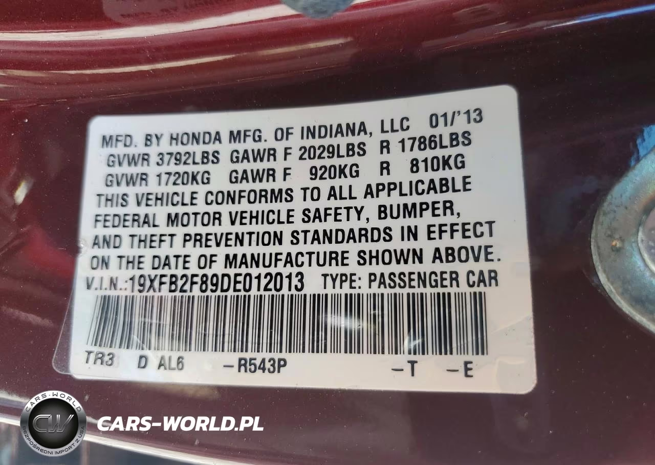 2013 Honda Civic VIN:19XFB2F89DE012013 - 13