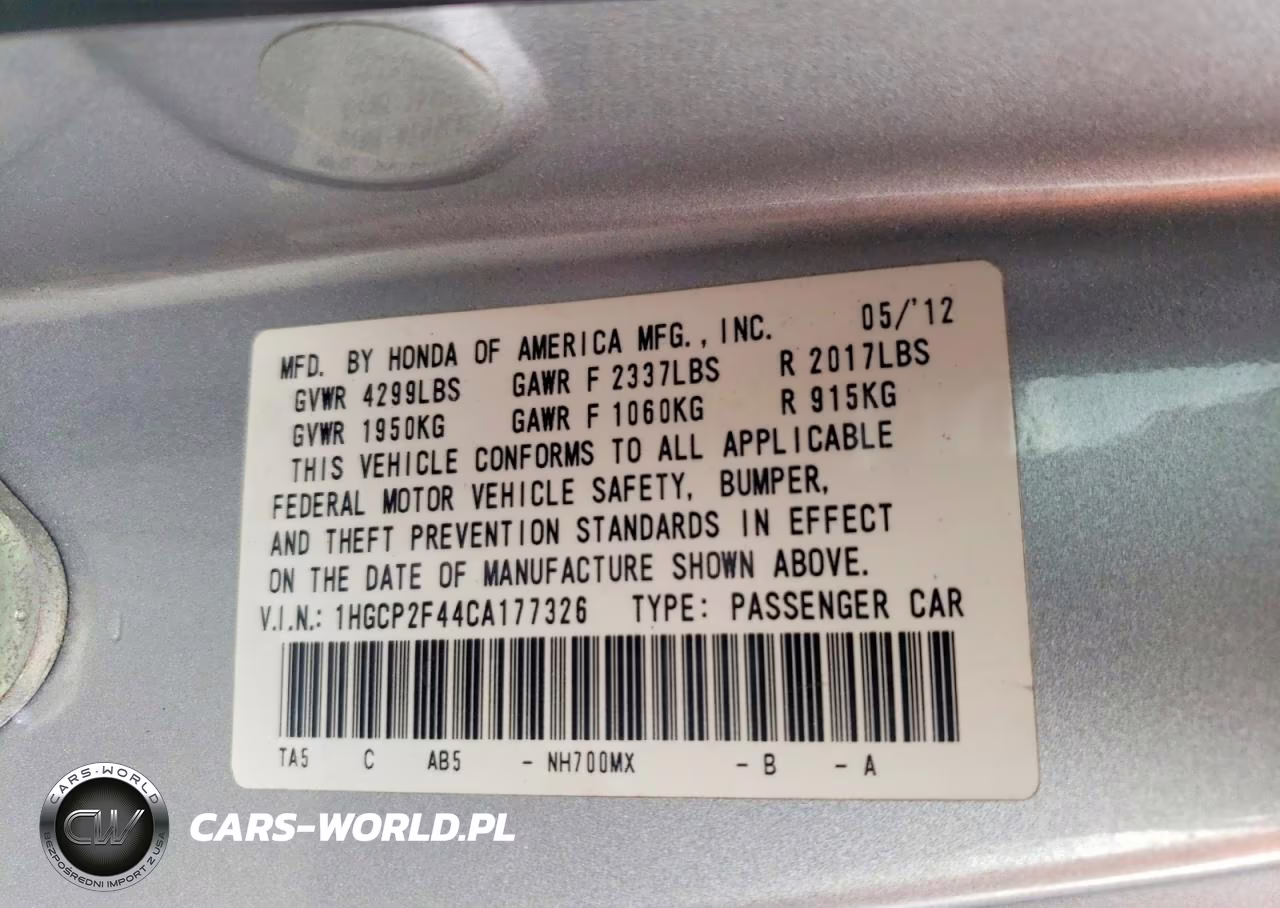 2012 Honda Accord Lxp VIN:1HGCP2F44CA177326 - 12