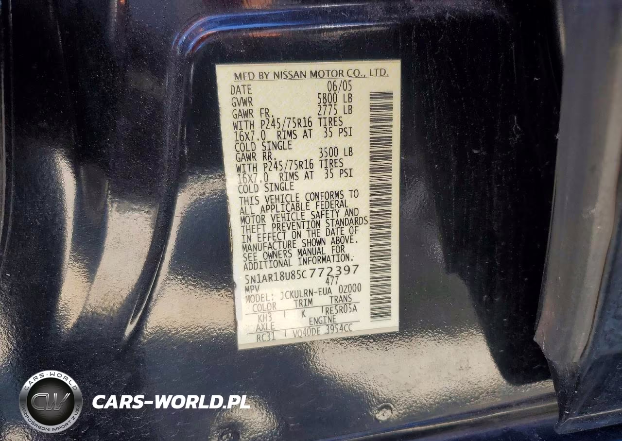 2005 Nissan Pathfinder Xe VIN:5N1AR18U85C772397 - 13
