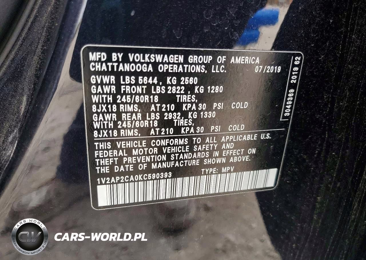 2019 Volkswagen Atlas S VIN:1V2AP2CA0KC590393 - 14