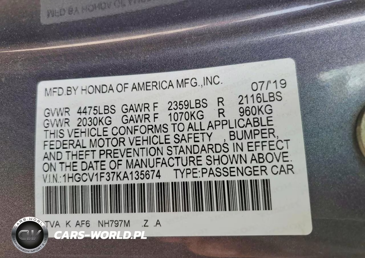 2019 Honda Accord Sport VIN:1HGCV1F37KA135674 - 13