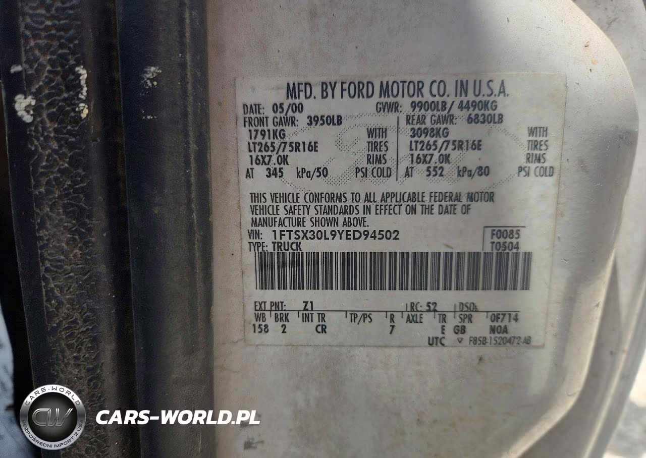 2000 Ford F350 Srw Super Duty VIN:1FTSX30L9YED94502 - 12