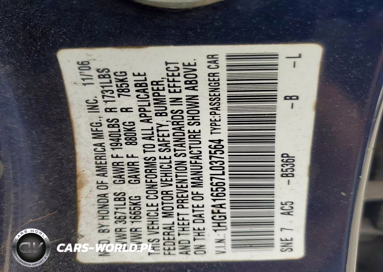 2007 Honda Civic Lx VIN:1HGFA16567L037564 - 12