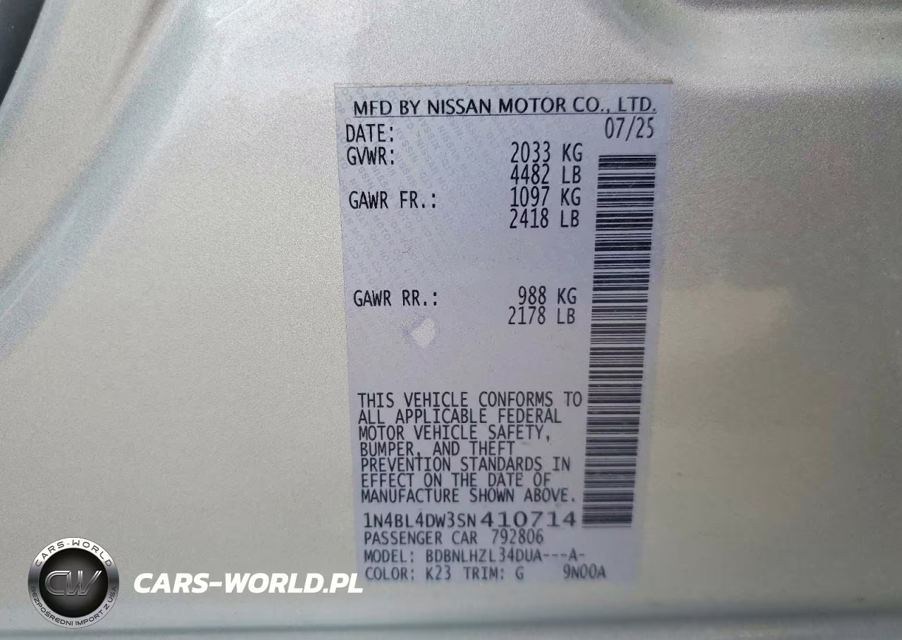 2025 Nissan Altima Sv VIN:1N4BL4DW3SN410714 - 12