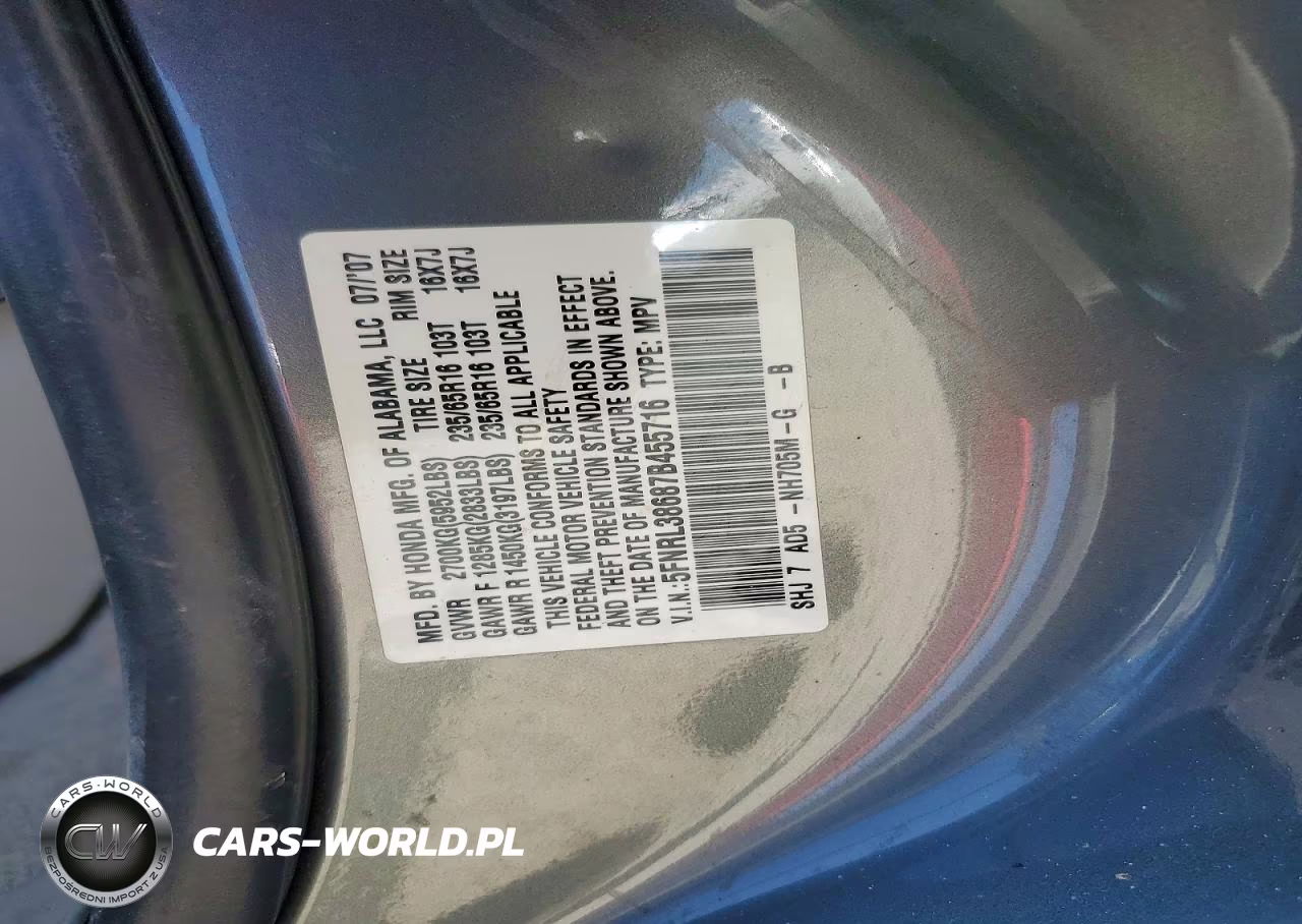 2007 Honda Odyssey Exl VIN:5FNRL38687B455716 - 14