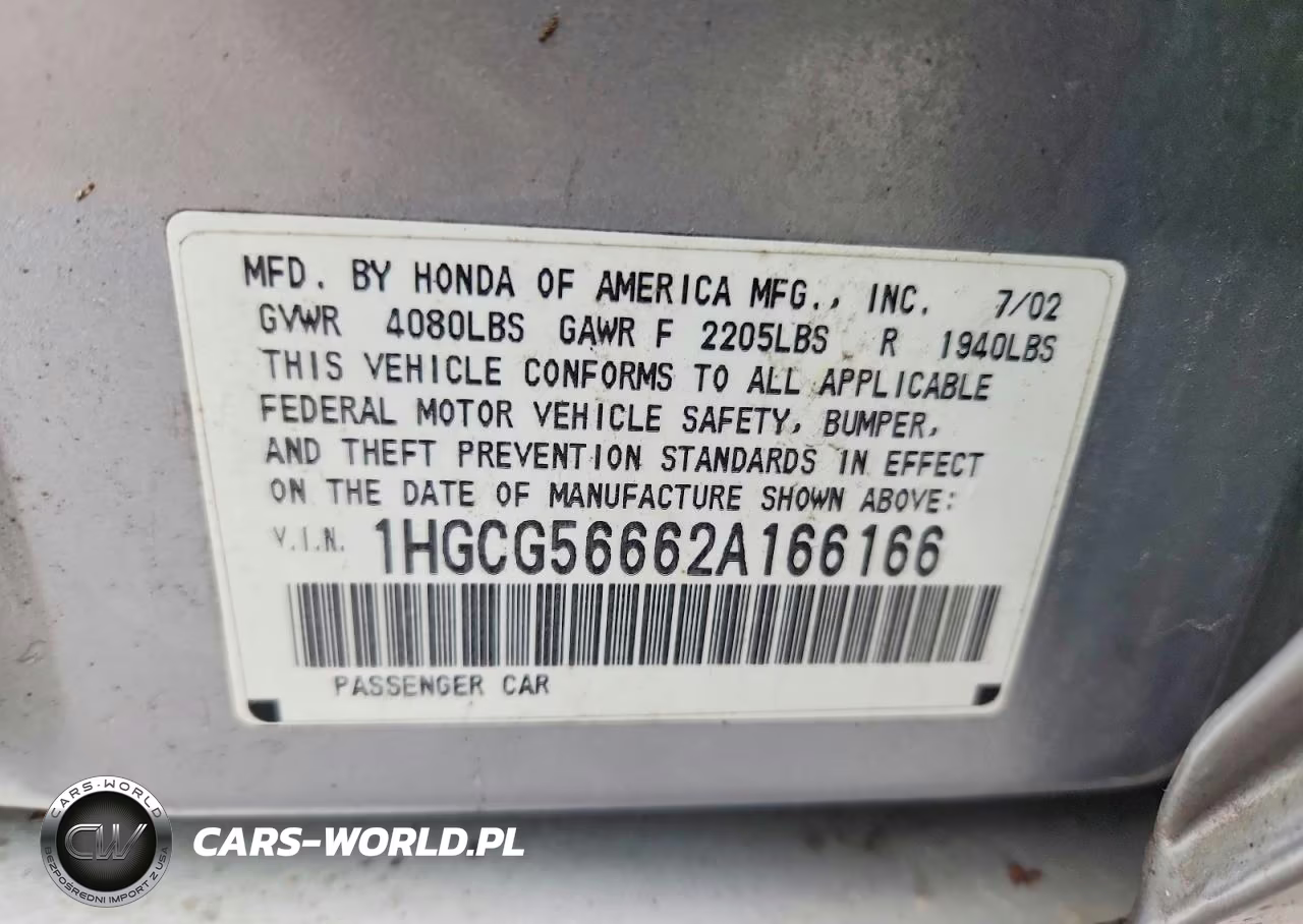 2002 Hond Accord VIN:1HGCG56662A166166 - 12