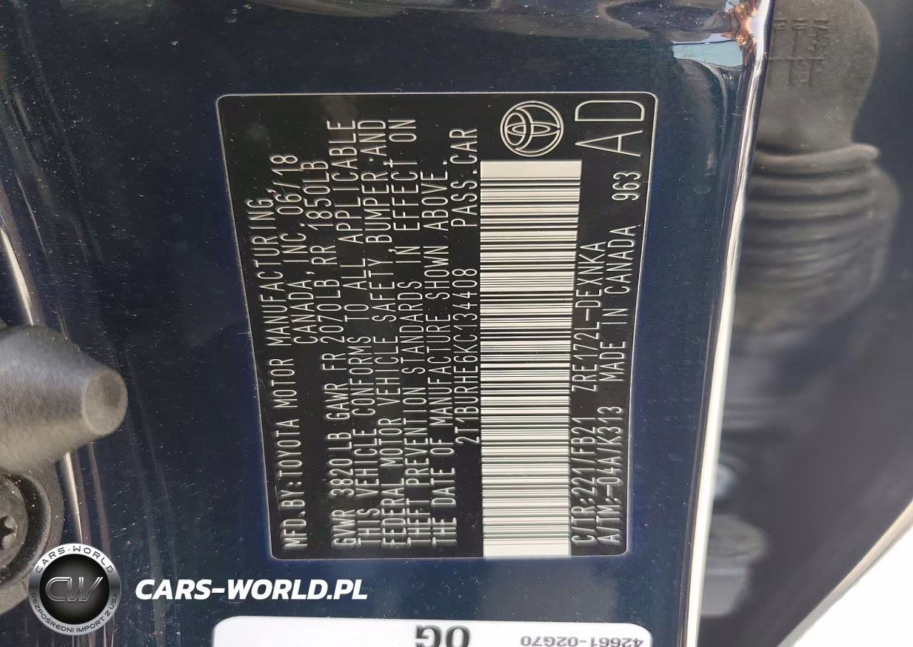 2019 Toyota Corolla Le VIN:2T1BURHE6KC134408 - 13
