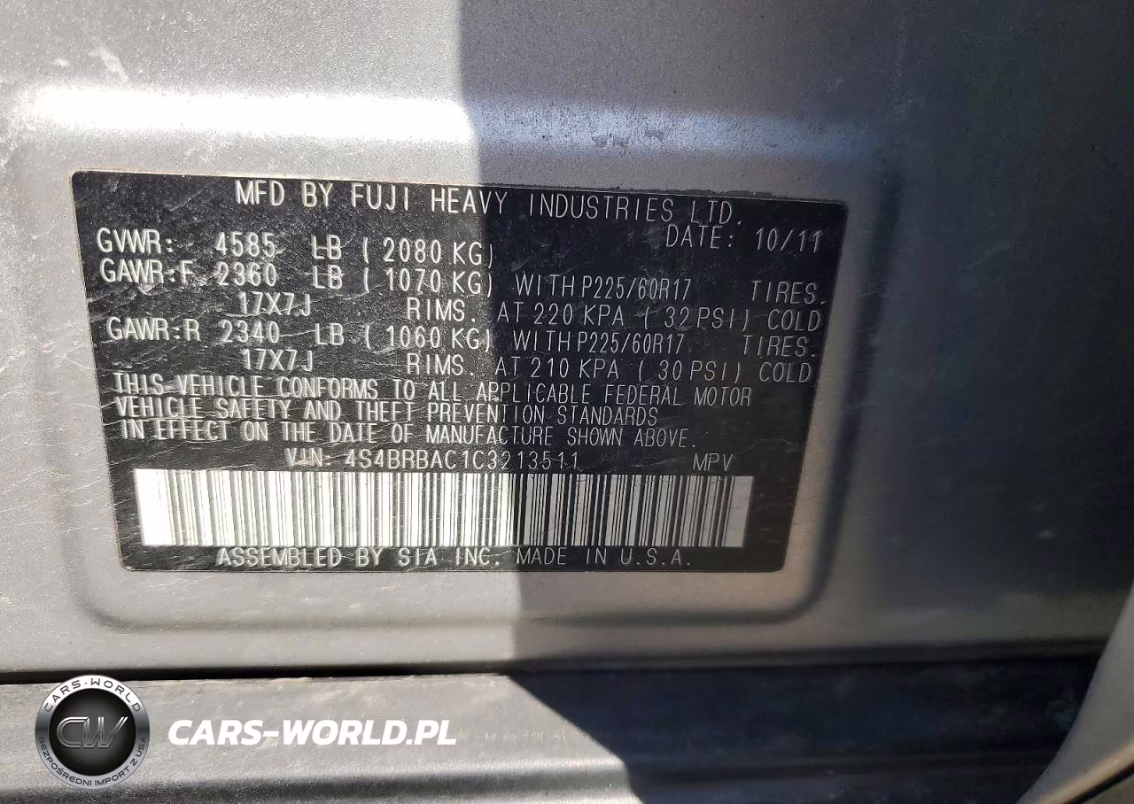 2012 Subaru Outback 2.5I VIN:4S4BRBAC1C3213511 - 13