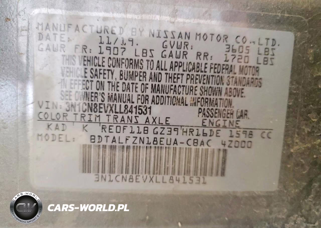 2020 Nissan Versa Sv VIN:3N1CN8EVXLL841531 - 12