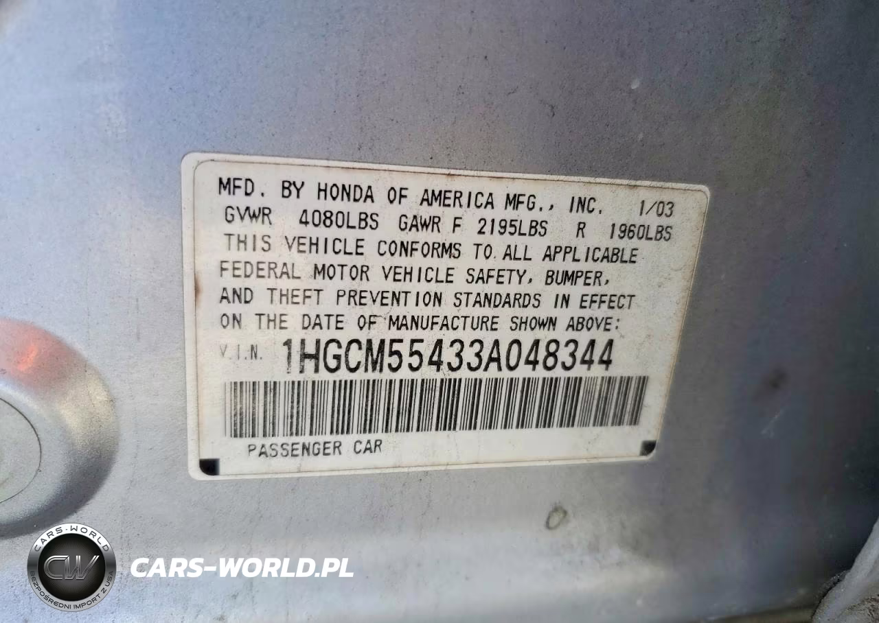 2003 Honda Accord Lx VIN:1HGCM55433A048344 - 12