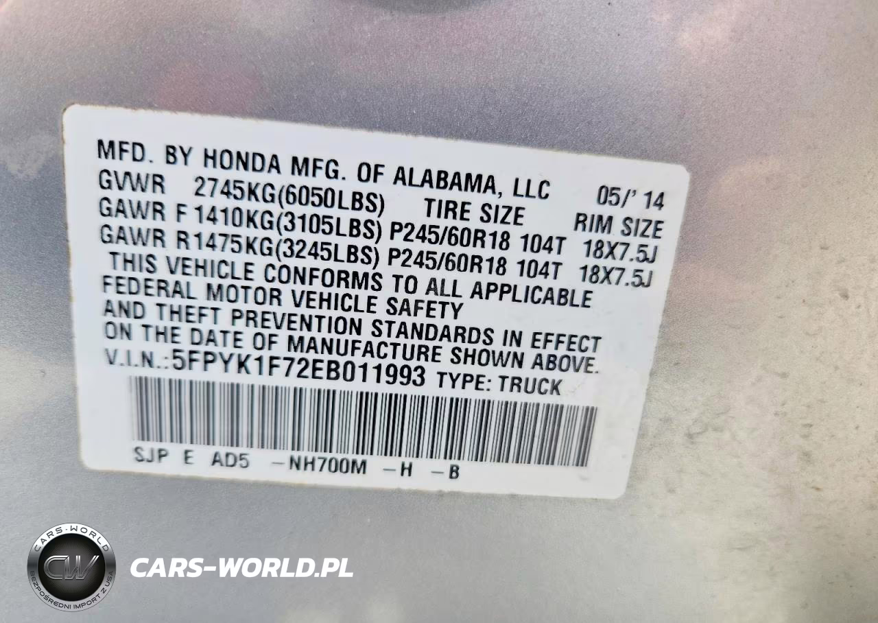 2014 Honda Ridgeline Sport VIN:5FPYK1F72EB011993 - 12