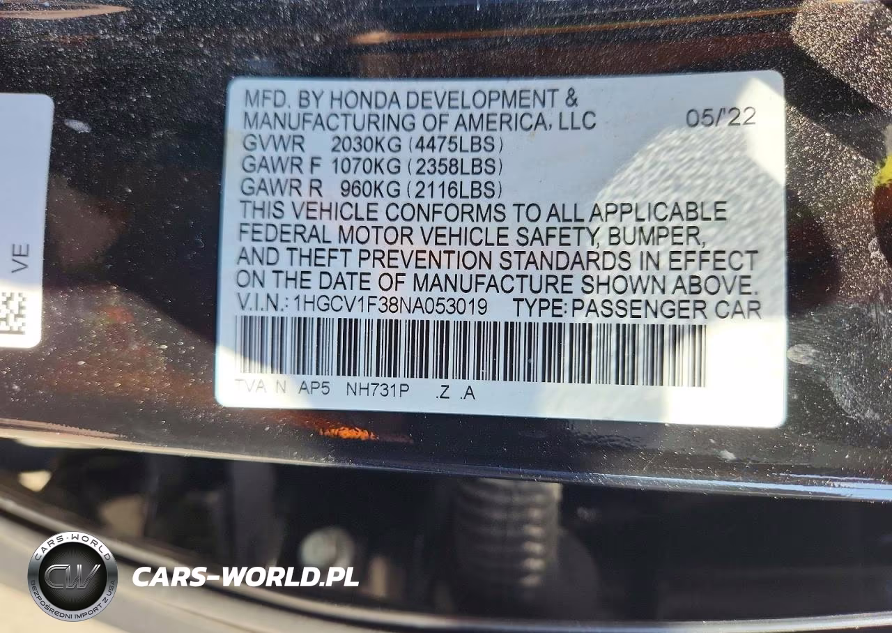 2022 Honda Accord Sport VIN:1HGCV1F38NA053019 - 12