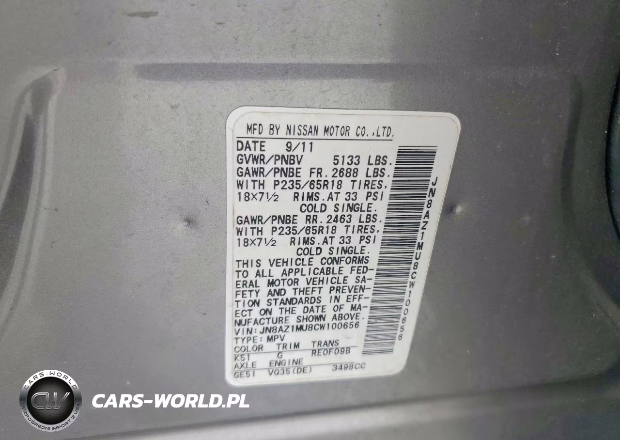 2012 Nissan Murano S VIN:JN8AZ1MU8CW100656 - 13